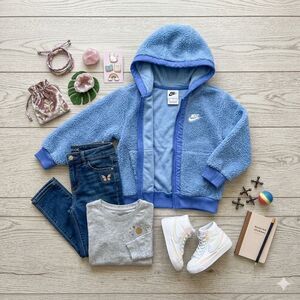 Nike Girls Sherpa Fleece Hoodie Blue Size Small Full Zip Cozy Teddy Jacket Youth